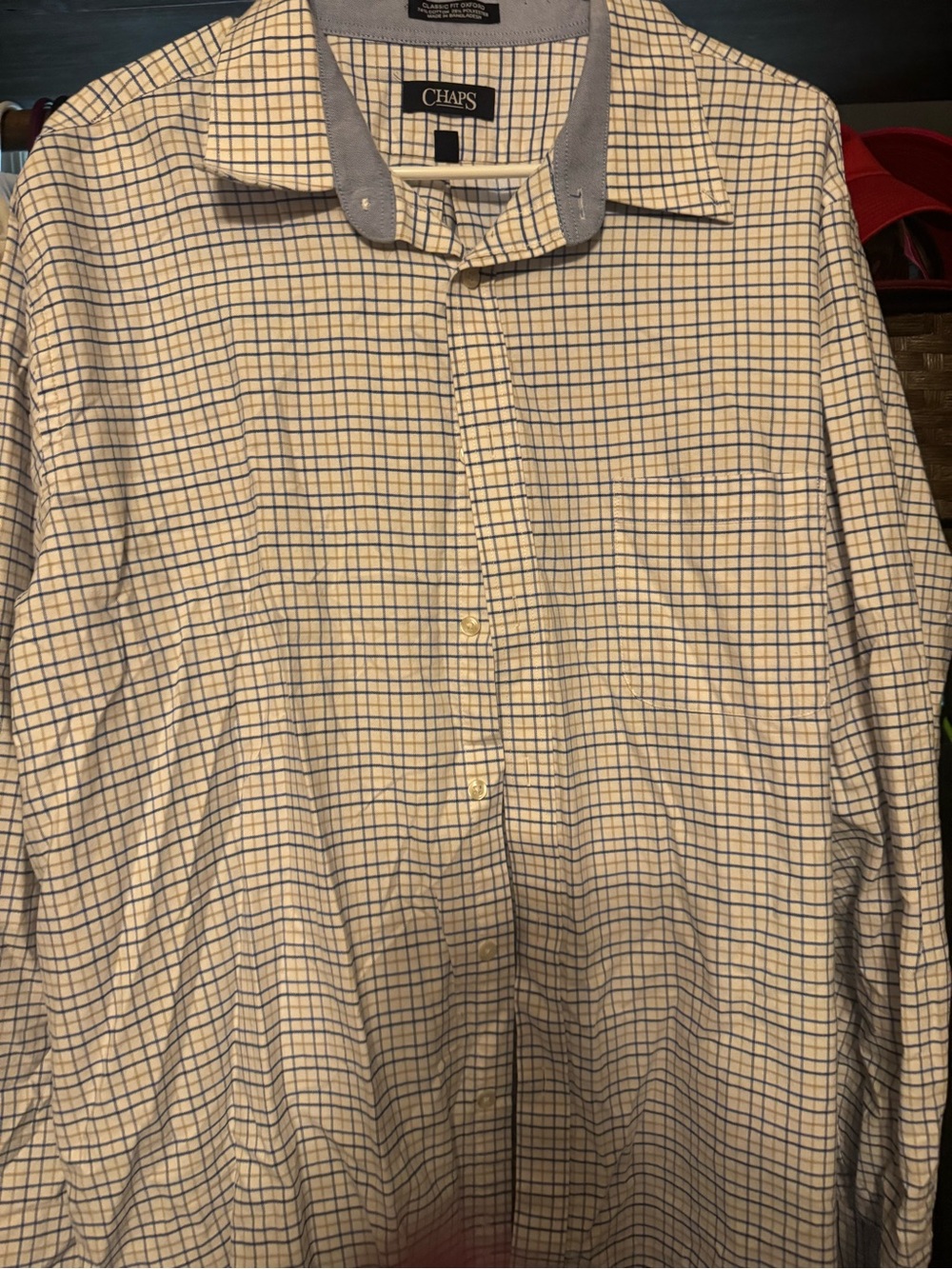 Chaps Cream and Blue Windowpane Button-Down Shirt with Contrast Collar